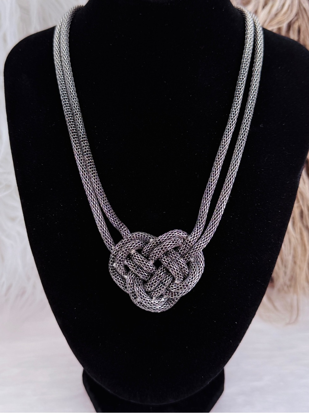 Lightweight Dark Silver Tone Multi Strand Knot Necklace Mesh Chain Statement